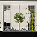 Modern Zen Room Partition With Circular Glass Window Bonsai Tree Bamboo And Rock Decor