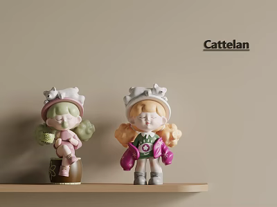 Cattelan Plush Dolls With Star Hats Green Pink And Purple Outfits On Wooden Shelf 3d model