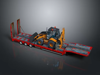 Red Flatbed Trailer Carrying Yellow Loader For Heavy Machinery Transport 3d model