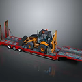 Red Flatbed Trailer Carrying Yellow Loader For Heavy Machinery Transport 3d model