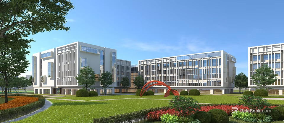 Modern School Building Exterior With Green Lawn Red Arch Structure And Lush Vegetation 3d model 