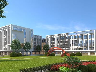 Modern School Building Exterior With Green Lawn Red Arch Structure And Lush Vegetation 3d model