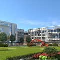 Modern School Building Exterior With Green Lawn Red Arch Structure And Lush Vegetation