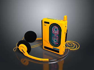 Vintage Yellow Portable Computer Device With Headphones And Tape Storage Media 3d model