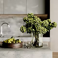 Decorative Ornament Set With Green Hydrangea Wooden Bowl Pears And Glass Cup On Kitchen Countertop