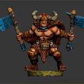 Horned Red Skinned Warrior Character With Dual Blue Axes Ornate Armor And Mythical Creature Elements