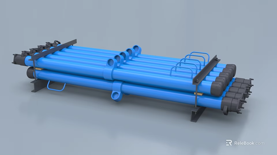 Industrial Pipe System With Blue Tubes And Black Metal Support Frames 3d model