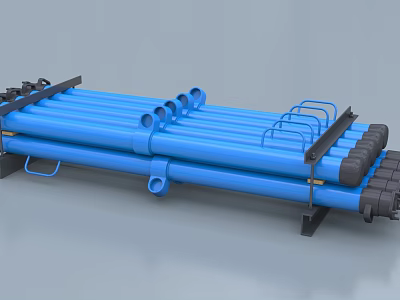 Industrial Pipe System With Blue Tubes And Black Metal Support Frames 3d model