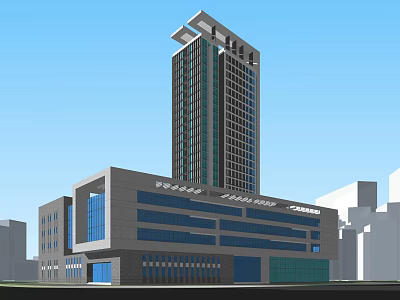 Modern Urban High Rise Building With Glass Facade And Adjacent Low Rise Structure 3d model