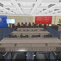 Modern Conference Room With Large Screen Red Blue Background Walls Tables Chairs Chandeliers And Carpet