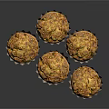 Six Golden Freshly Baked Muffins With Crunchy Topping On Dark Surface