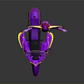 Masked Figure In Purple And Yellow Costume Standing By Vibrant Purple Motorcycle With Cape
