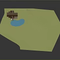 Cartoon Scene With Green Hexagonal Meadow Brown House And Blue Pond