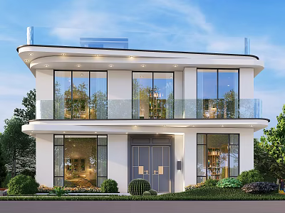Modern Two Story Detached Villa With Large Glass Windows Glass Railings And Landscaped Garden 3d model
