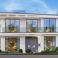 Modern Two Story Detached Villa With Large Glass Windows Glass Railings And Landscaped Garden