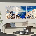 Modern Living Room With Santorini Triptych Art Blue Dome White Buildings And Sofa