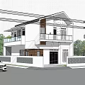 Modern White Two Story Detached Villa Exterior With Car People Dog And Trees In Front