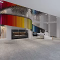 Modern Reception Area With Rainbow Striped Backdrop Metallic Ceiling And Leather Sofa Decor 3d model