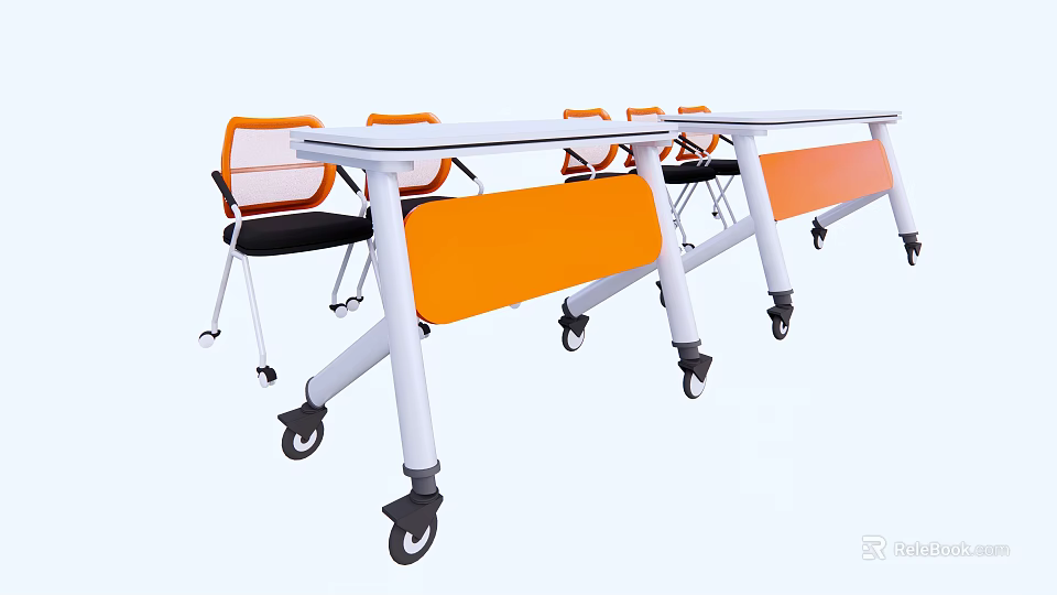 Modern Mobile Conference Table With Orange Chairs And Rolling Wheels Design 3d model