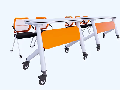 Modern Mobile Conference Table With Orange Chairs And Rolling Wheels Design 3d model