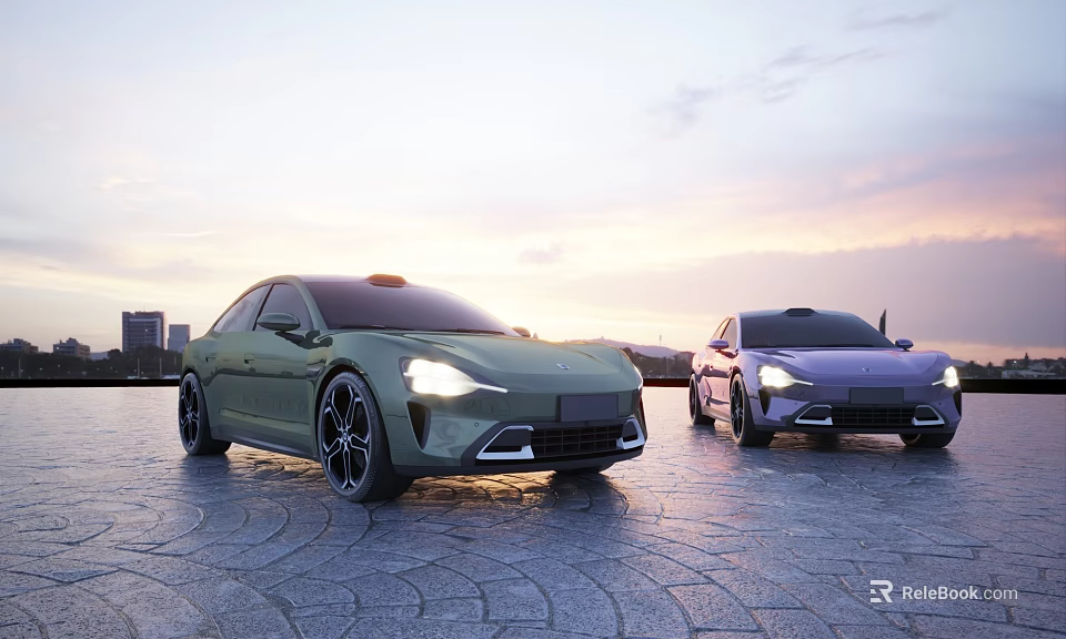 Modern Electric Cars Parked Outdoor At Dusk 3d model 