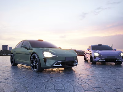 Modern Electric Cars Parked Outdoor At Dusk 3d model Modern Electric Cars Parked Outdoor At Dusk 3d model