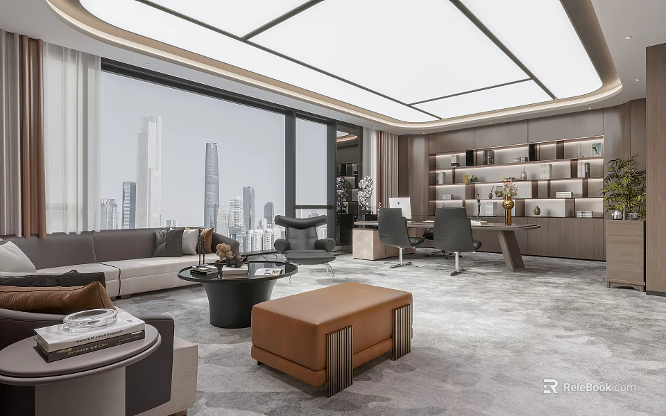 Modern Office Interior Design With Open Layout Large Windows City View Sofa Desk And Bookshelves 3d model 