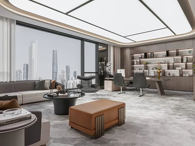 Modern Office Interior Design With Open Layout Large Windows City View Sofa Desk And Bookshelves 3d model