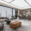 Modern Office Interior Design With Open Layout Large Windows City View Sofa Desk And Bookshelves