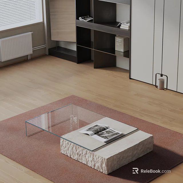 Modern Sofa Coffee Table Set With Transparent Glass Top And Stone Base On Red Rug 3d model 