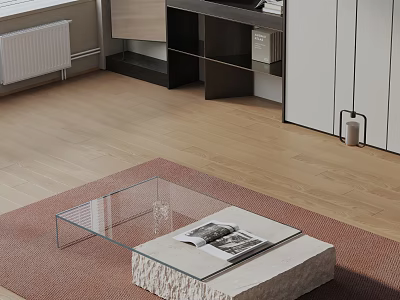 Modern Sofa Coffee Table Set With Transparent Glass Top And Stone Base On Red Rug 3d model