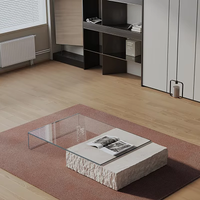 Modern Sofa Coffee Table Set With Transparent Glass Top And Stone Base On Red Rug 3d model