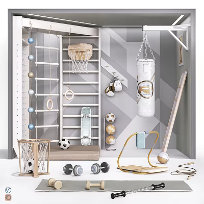 Indoor Home Fitness Space With Climbing Ladder Punching Bag Dumbbells And Sports Gear 3d model