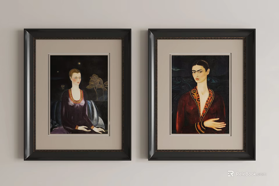 Two Framed Portrait Paintings Featuring Figures In Colored Clothing And Black Frames 3d model 