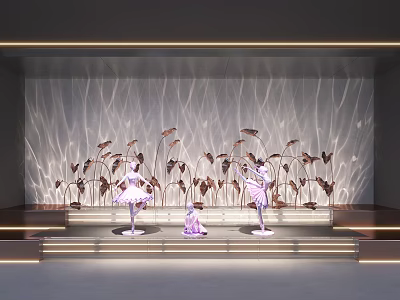 Elegant Decorative Lights Illuminating Stage With Ballerina Sculptures And Wavy Textured Wall 3d model