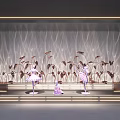 Elegant Decorative Lights Illuminating Stage With Ballerina Sculptures And Wavy Textured Wall