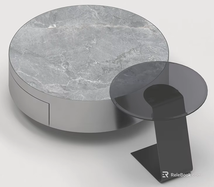 Modern Round Coffee Table With Marble Top Silver Base And Small Black Glass Side Table 3d model