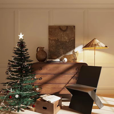Wooden Console Cabinet Sideboard With Christmas Tree Vase Art Painting And Table Lamp 3d model