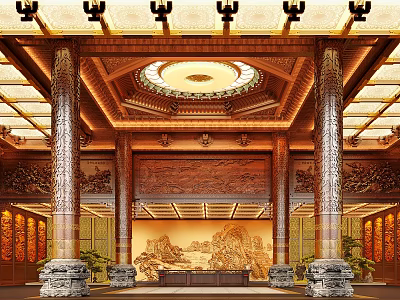 Traditional Chinese Hotel Lobby Interior With Carved Columns And Landscape Murals 3d model