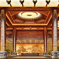 Traditional Chinese Hotel Lobby Interior With Carved Columns And Landscape Murals