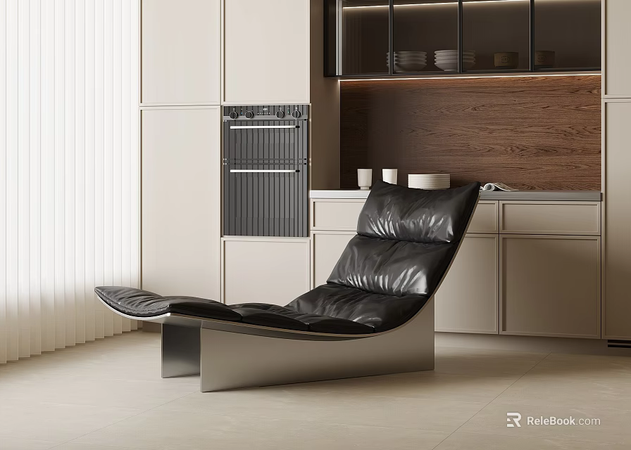 Black Leather Lounge Chair In Modern Kitchen With Light Cabinets Wooden Wall And Oven 3d model 