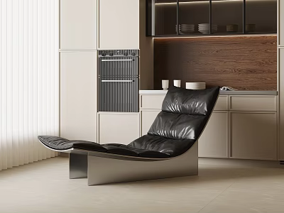 Black Leather Lounge Chair In Modern Kitchen With Light Cabinets Wooden Wall And Oven 3d model