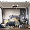 Kids Room With Mouse Ear Headboard Light Gray Navy Blue Walls Desk Chair Stuffed Toys