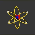 3D Atomic Model Structure with Yellow Orbits Red Blue Nucleus and White Particles