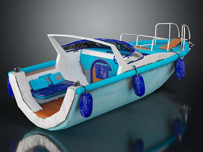 Wooden Boat With Blue Seats Wooden Deck And Blue Buoys Railings Design 3d model