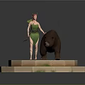 Female Figure With Bear On Circular Stone Platform Covered In Moss