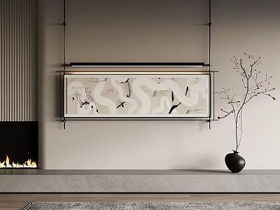 Abstract Painting In Modern Living Room With Fireplace And Vase 3d model