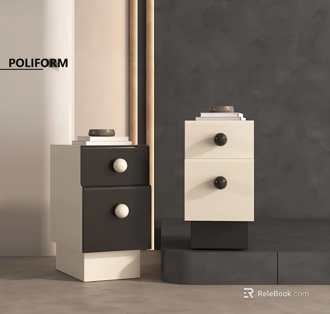 Two Modern Poliform Nightstands With Drawers Round Knobs And Stacked Items 3d model 