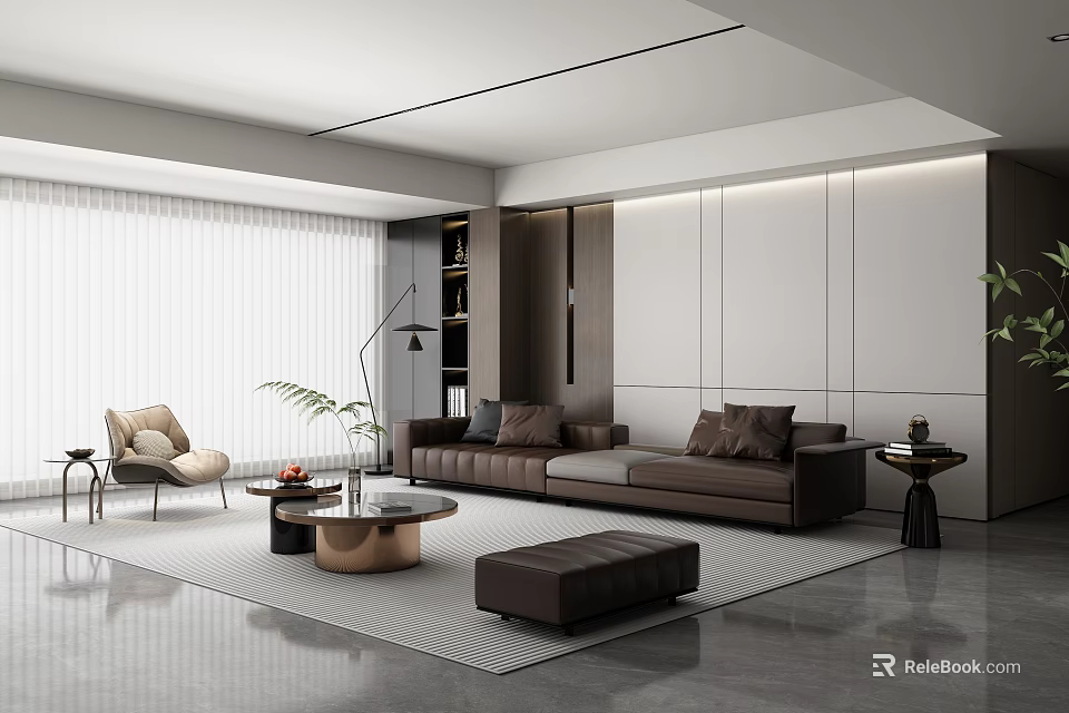 Modern Living Room Interior With Brown Sofa Coffee Table Ottoman Floor Lamp And Bookshelf 3d model 