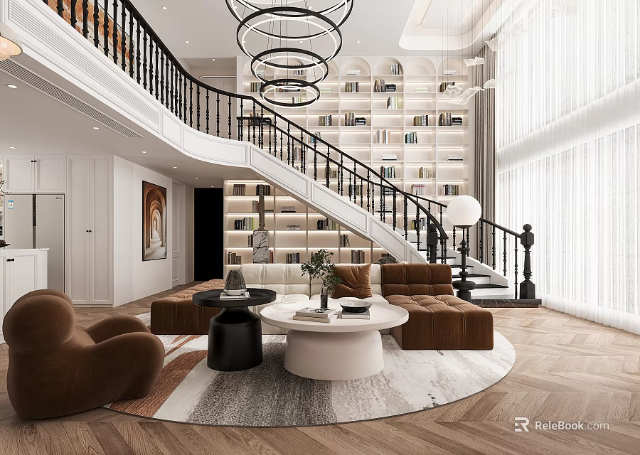 Modern Living Room Interior With Brown Sofas Round White Coffee Table Circular Chandeliers Staircase And Bookshelves 3d model 